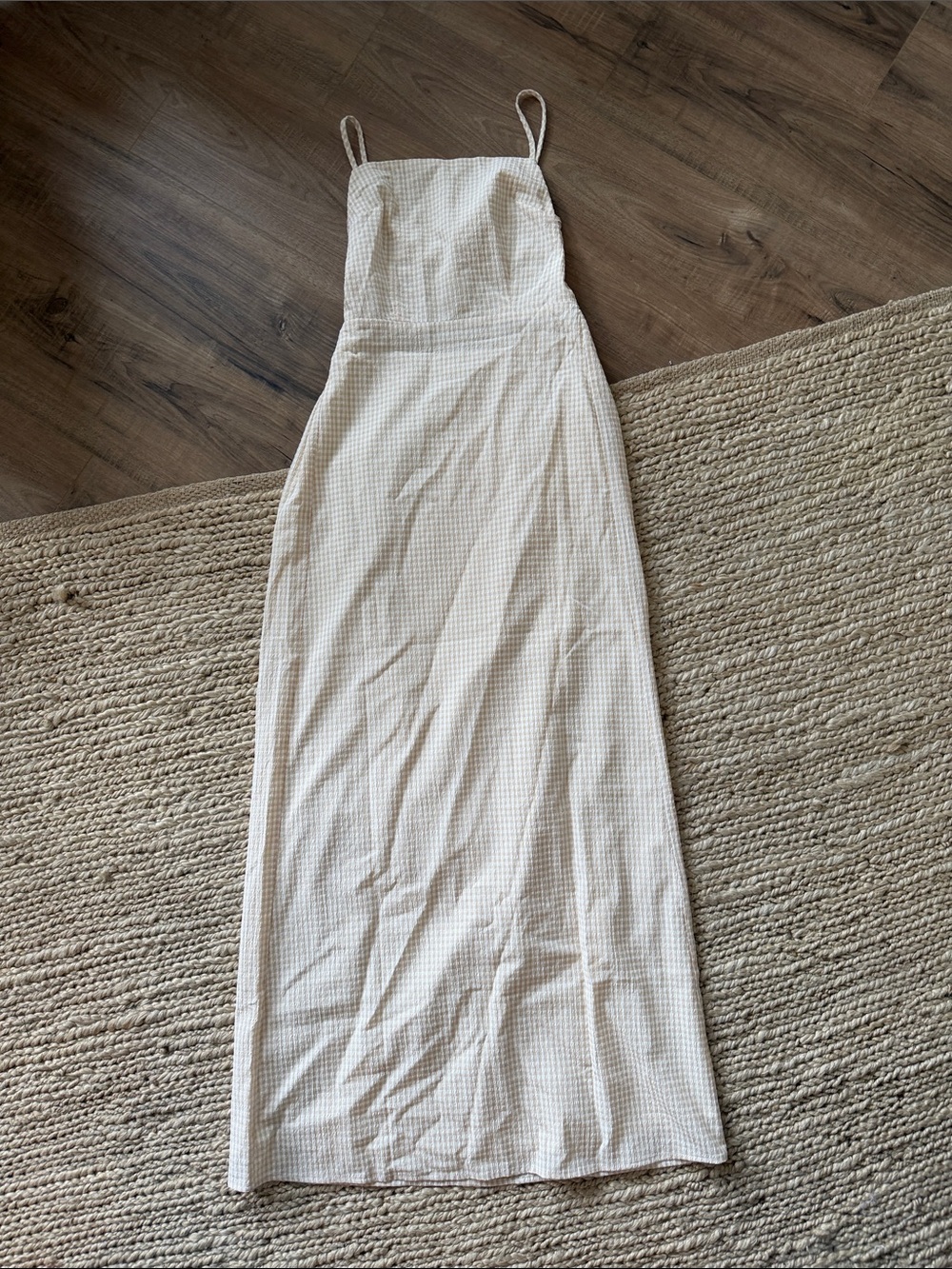 More to Come Cream Check Midi Dress with Spaghetti Straps